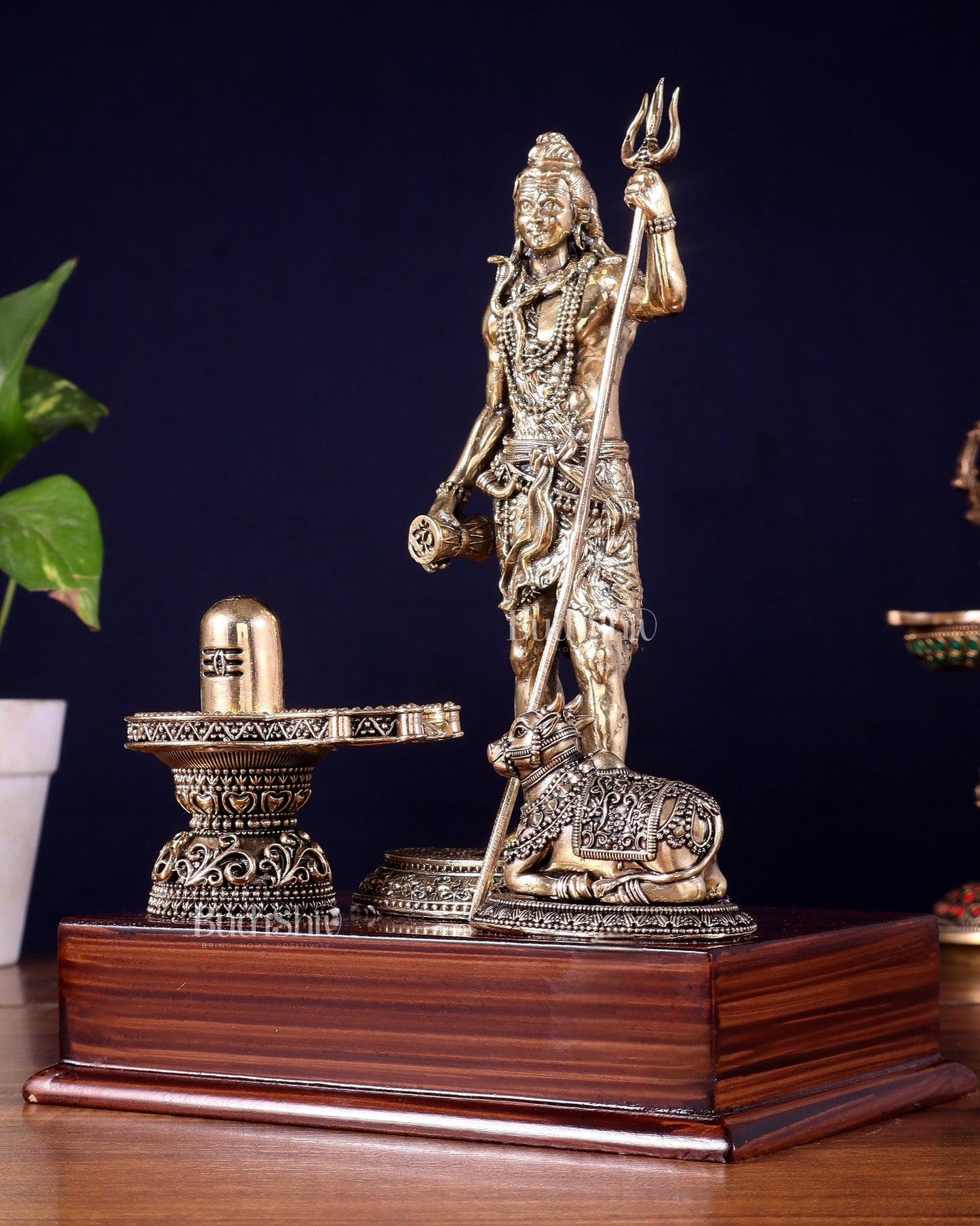 Brass Superfine Standing Lord Shiva with Nandi & Shivling – Wooden Base (9.5 Inch)