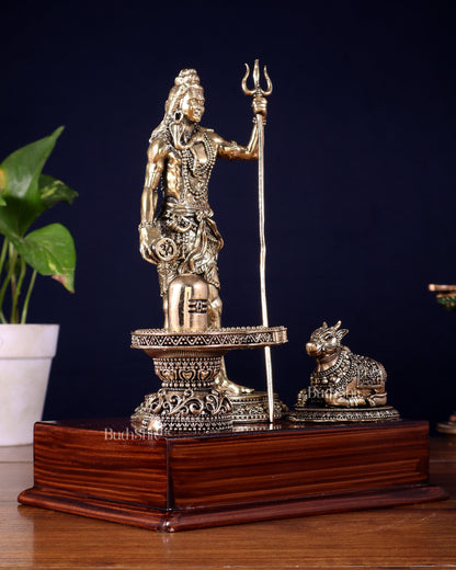 Brass Superfine Standing Lord Shiva with Nandi & Shivling – Wooden Base (9.5 Inch)