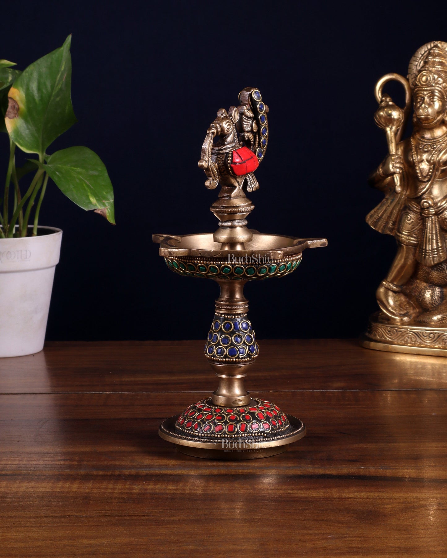 Pure Brass Handcrafted Superfine Peacock Samai Panchdeepam with Meenakari Stonework 8"