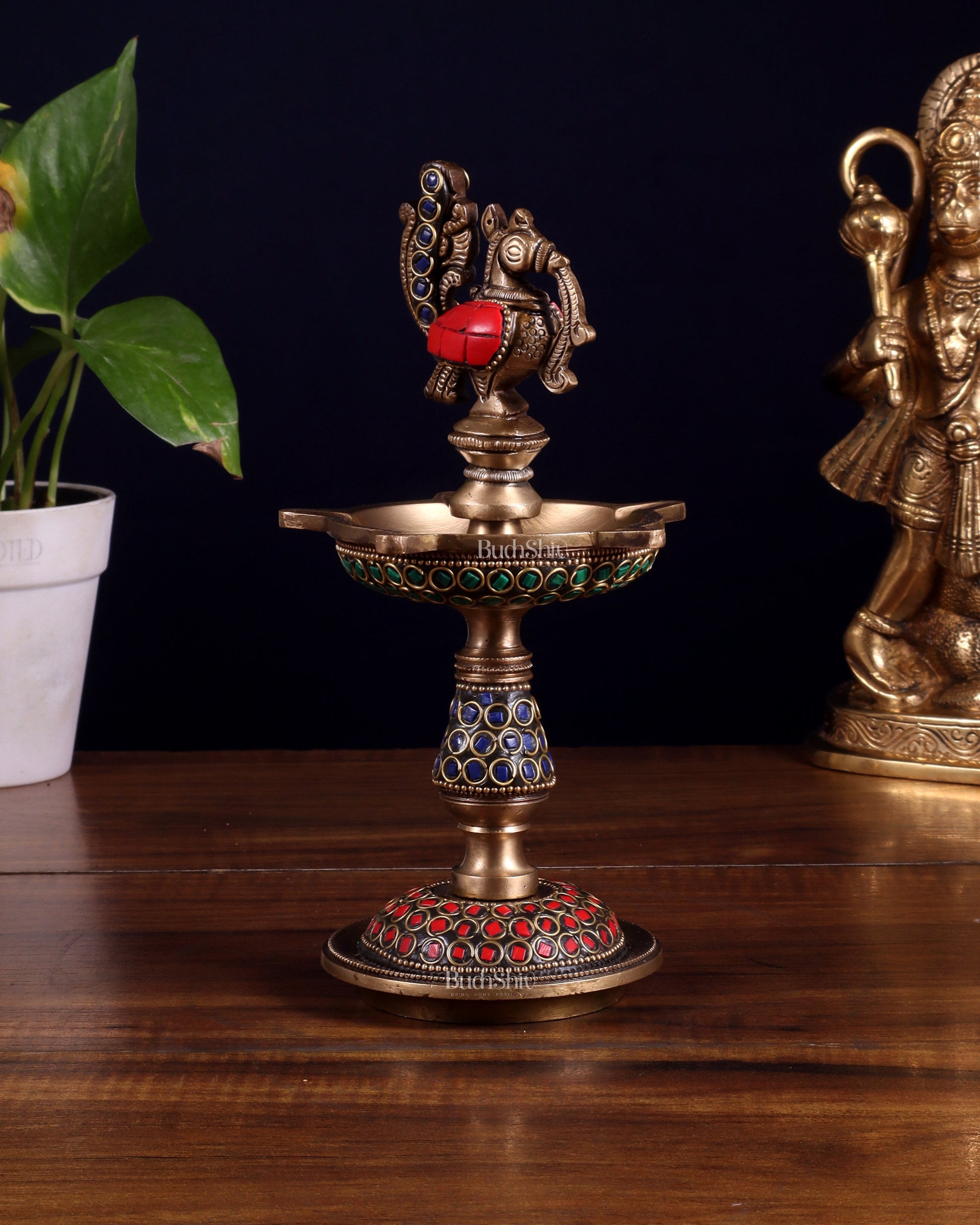 Pure Brass Handcrafted Superfine Peacock Samai Panchdeepam with Meenakari Stonework 8"