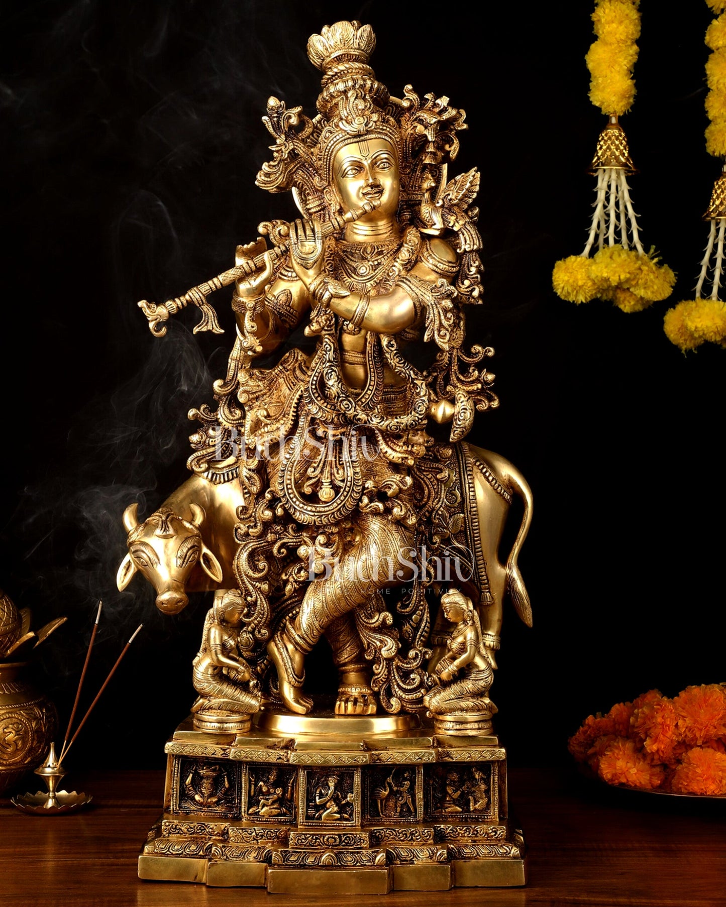 Pure Brass Lord Krishna with Cow large Statue - 29" Height