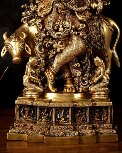 Pure Brass Lord Krishna with Cow large Statue - 29" Height