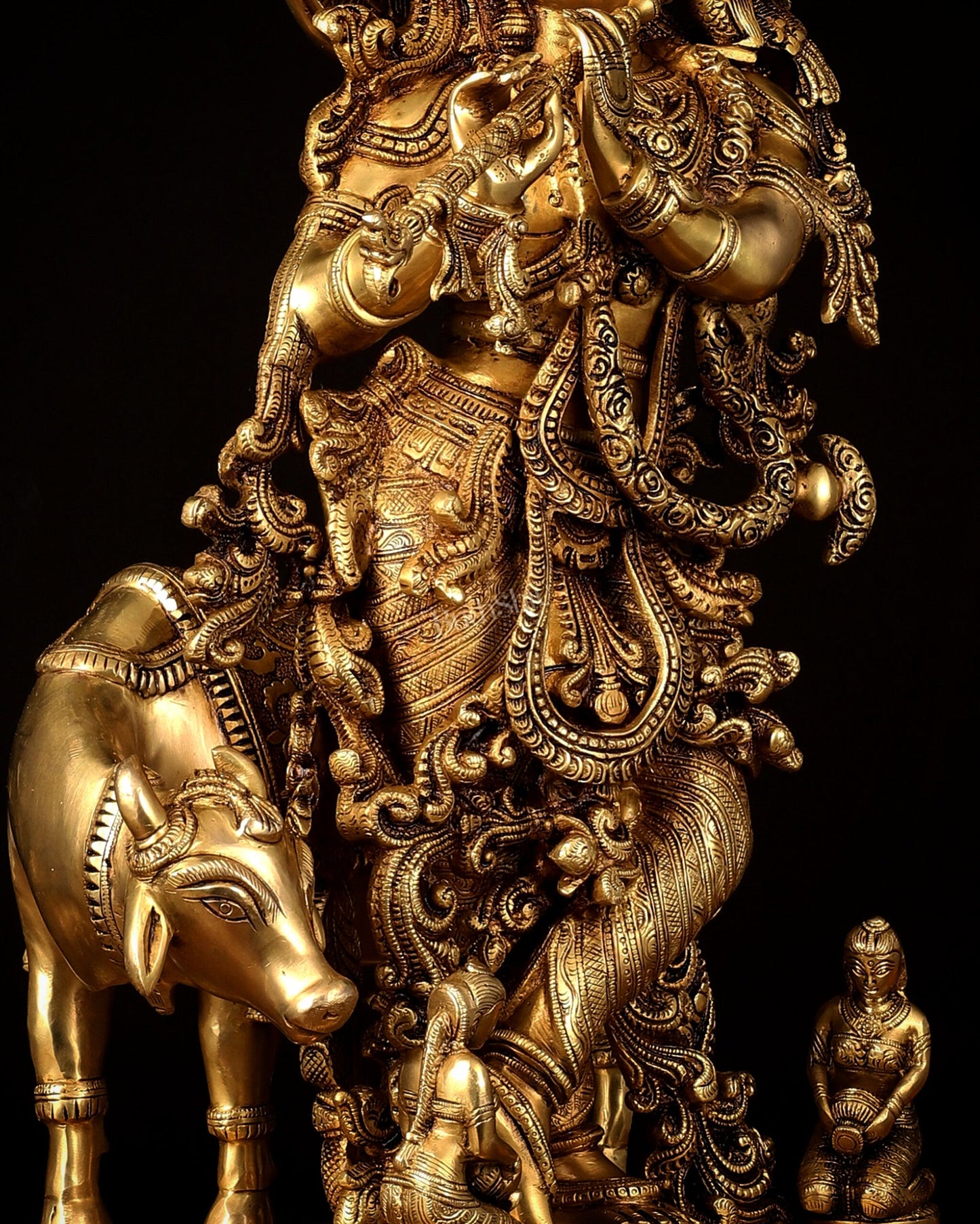 Pure Brass Lord Krishna with Cow large Statue - 29" Height