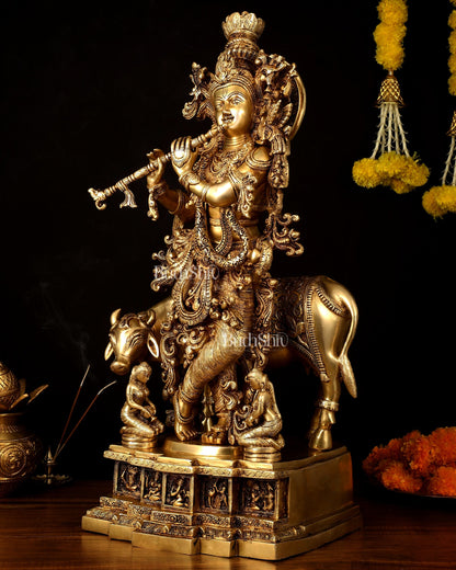Pure Brass Lord Krishna with Cow large Statue - 29" Height