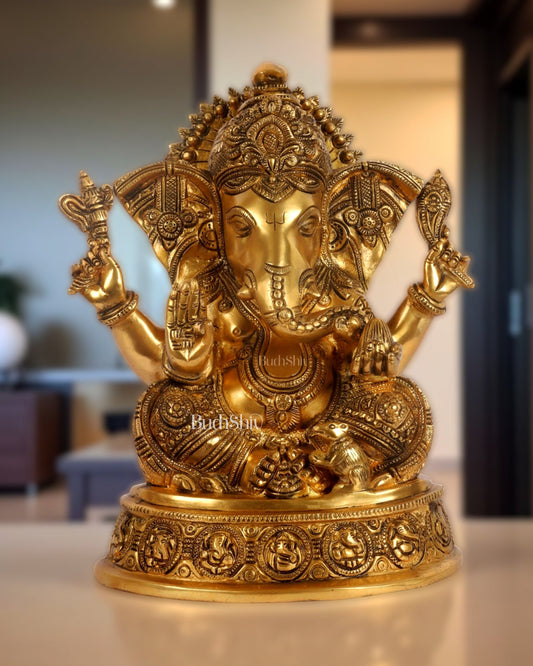 Brass Ganesha Statue with Ashtavinayaka carvings 11 inch