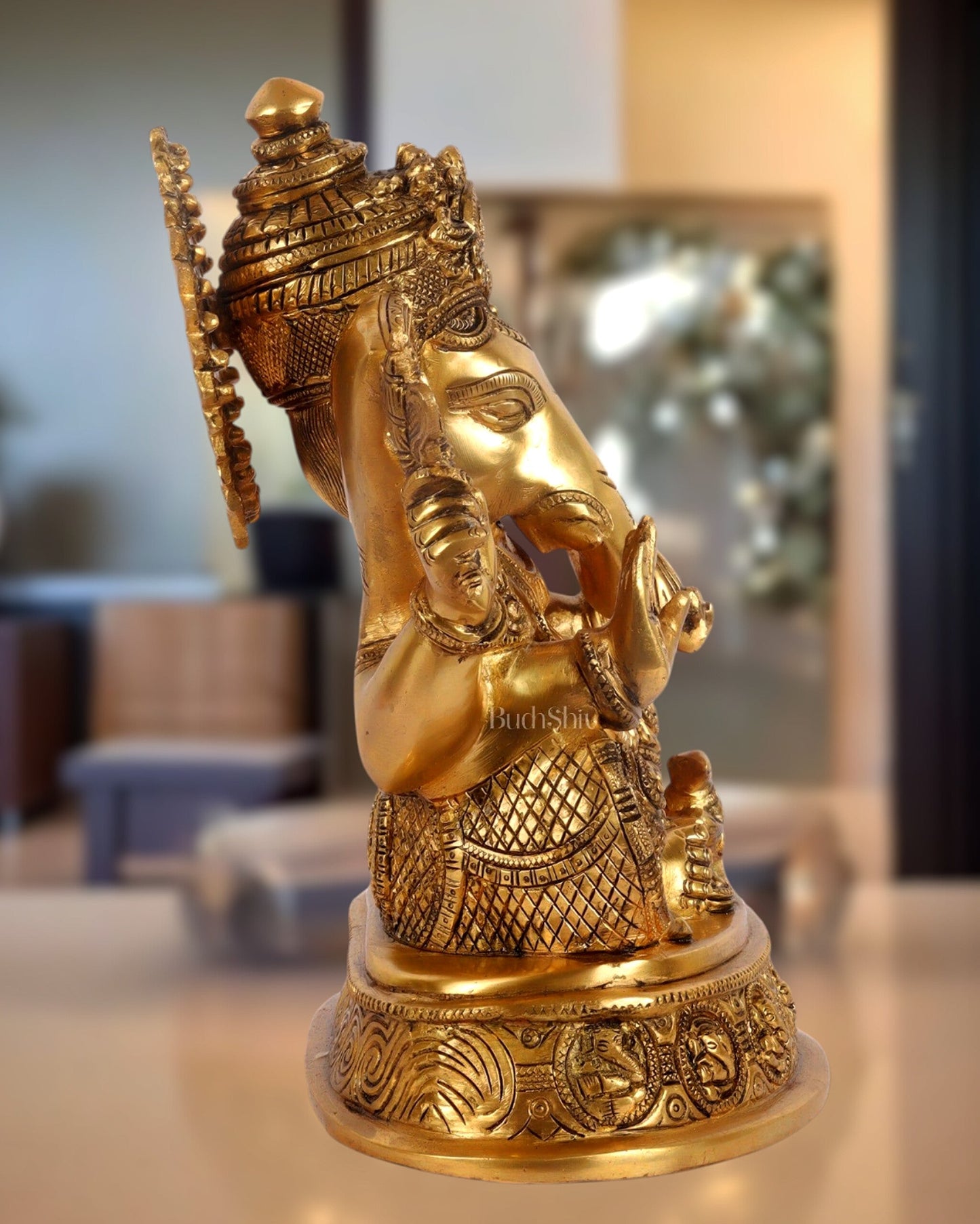 Brass Ganesha Statue with Ashtavinayaka carvings 11 inch
