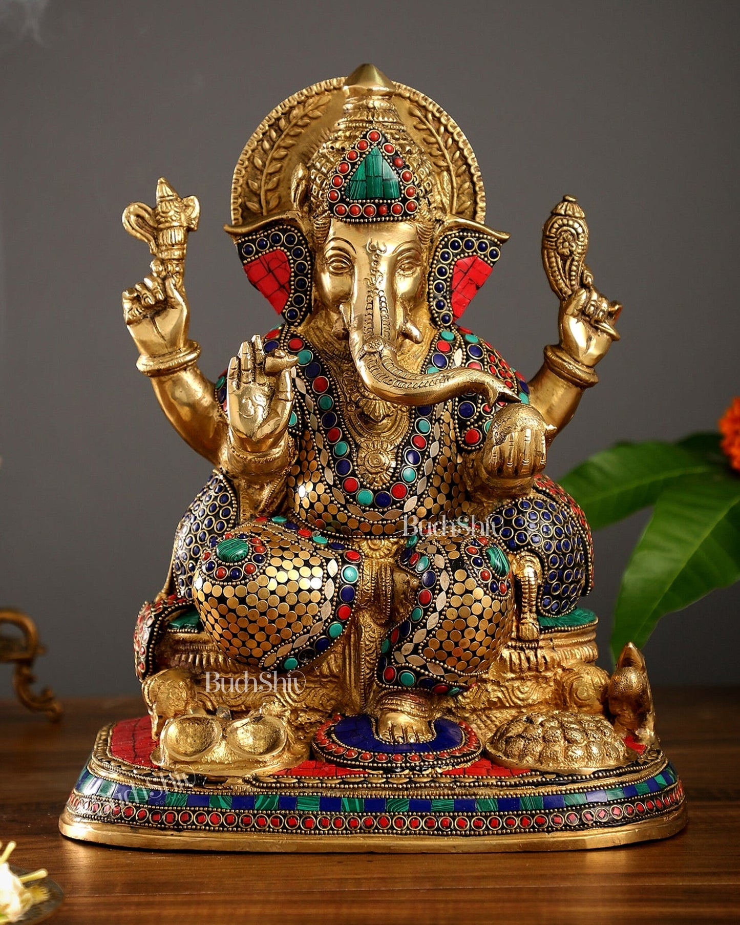 Superfine Brass Ganesha Idol with Spectacular Stonework - 13 Inch