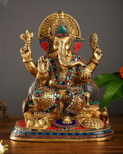 Superfine Brass Ganesha Idol with Spectacular Stonework - 13 Inch