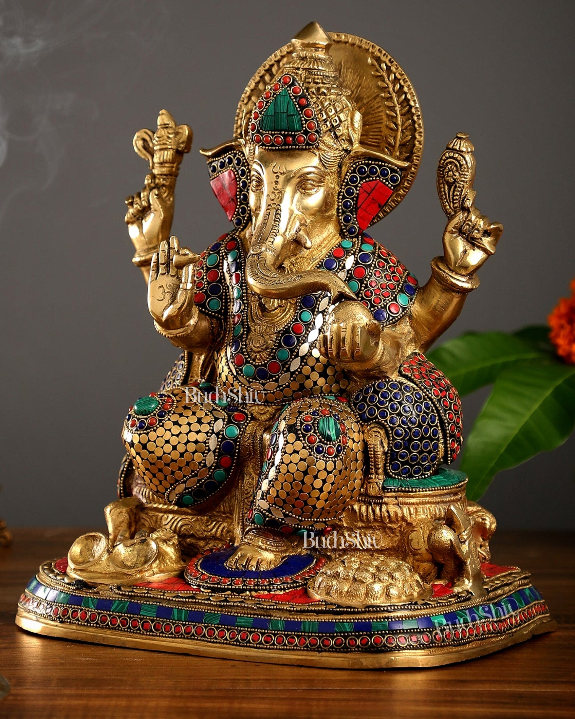 Superfine Brass Ganesha Idol with Spectacular Stonework - 13 Inch
