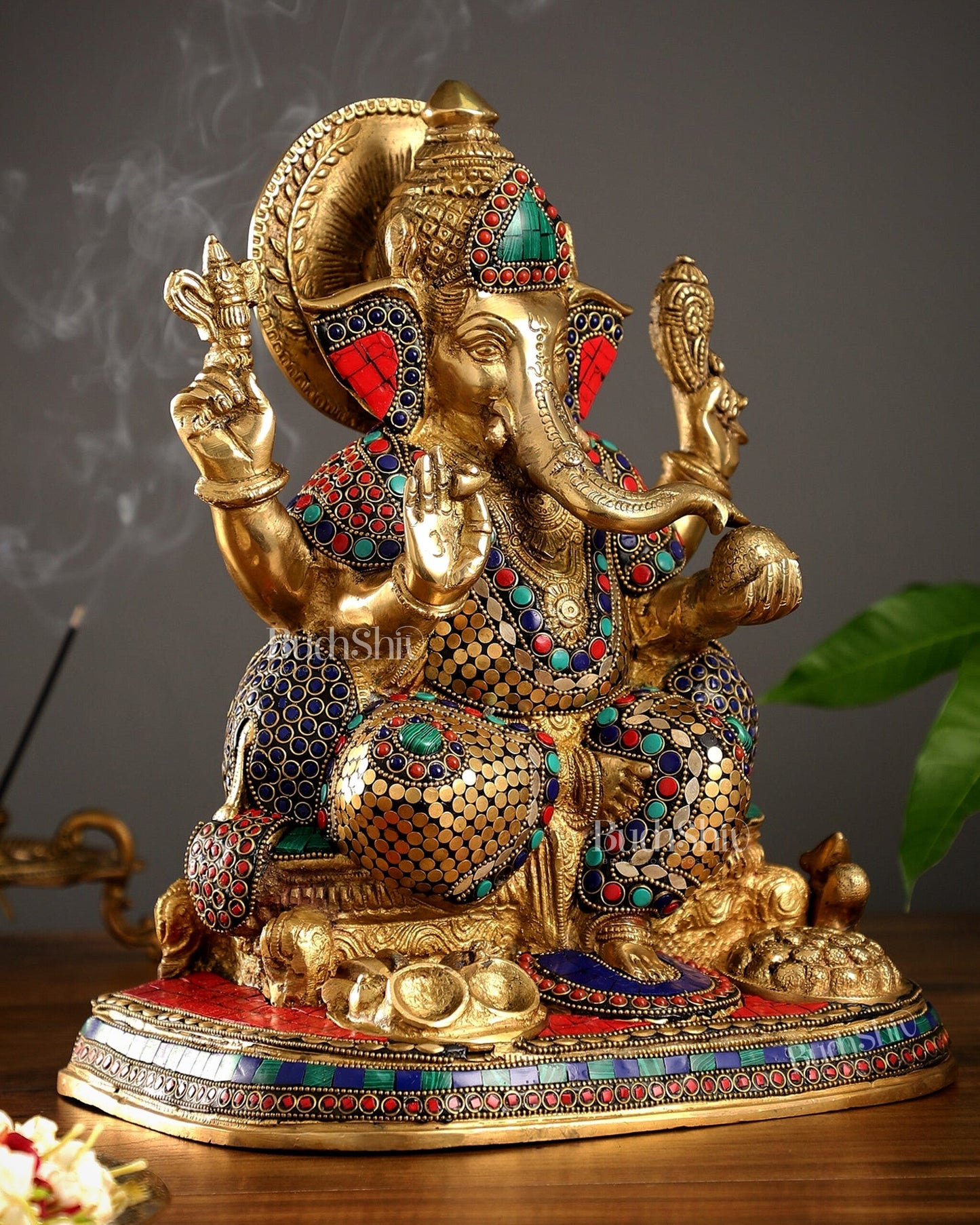 Superfine Brass Ganesha Idol with Spectacular Stonework - 13 Inch