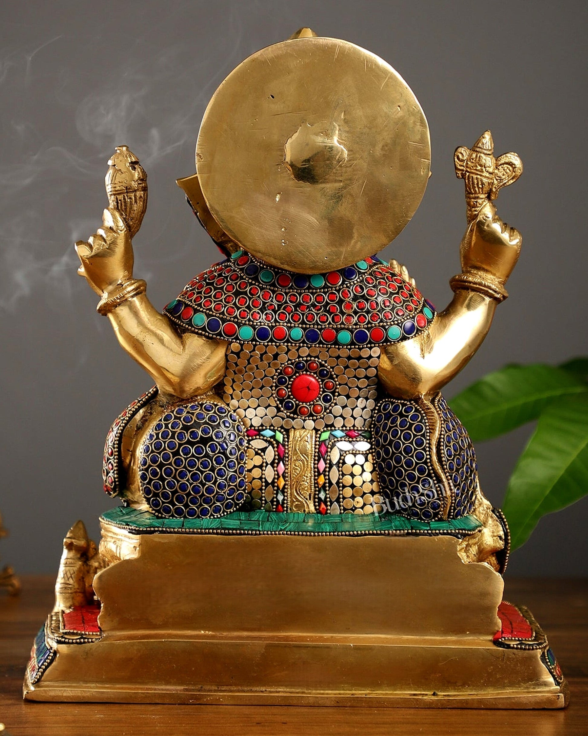 Superfine Brass Ganesha Idol with Spectacular Stonework - 13 Inch