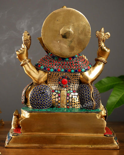 Superfine Brass Ganesha Idol with Spectacular Stonework - 13 Inch
