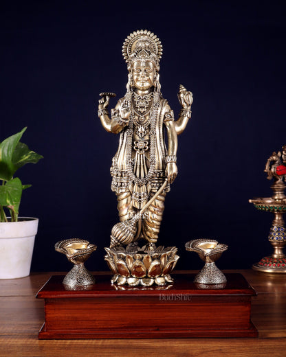 Brass Superfine Lord Vishnu Standing on Wooden Base with Diyas – 13 Inch
