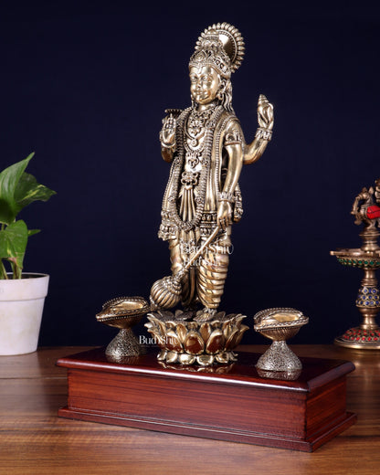 Brass Superfine Lord Vishnu Standing on Wooden Base with Diyas – 13 Inch