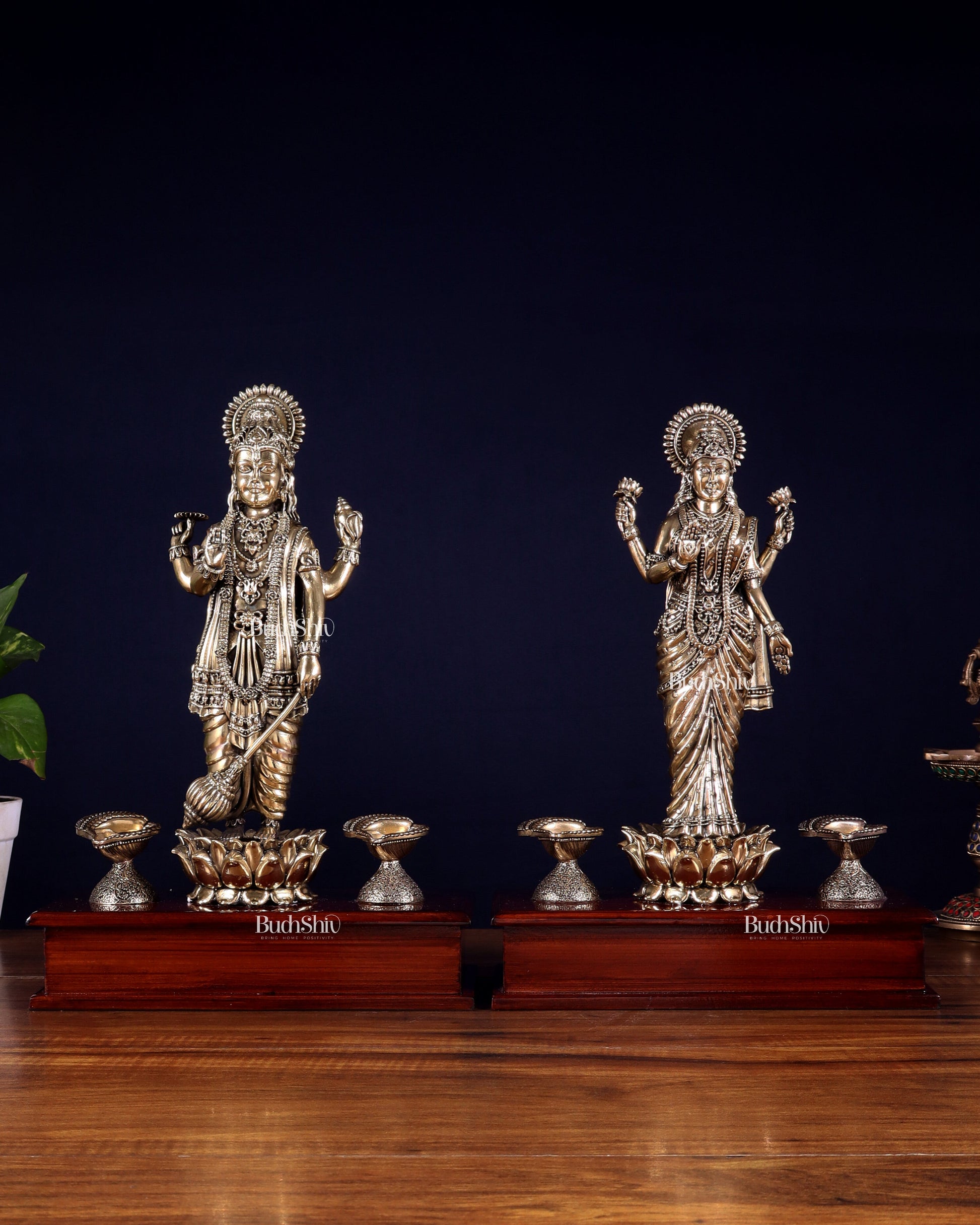Brass Superfine Lakshmi Vishnu Pair with Diyas on Wooden Base 13 inch