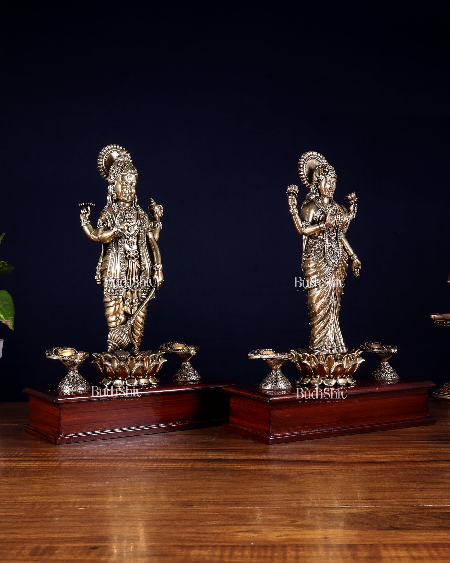 Brass Superfine Lakshmi Vishnu Pair with Diyas on Wooden Base 13 inch