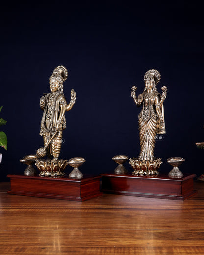 Brass Superfine Lakshmi Vishnu Pair with Diyas on Wooden Base 13 inch