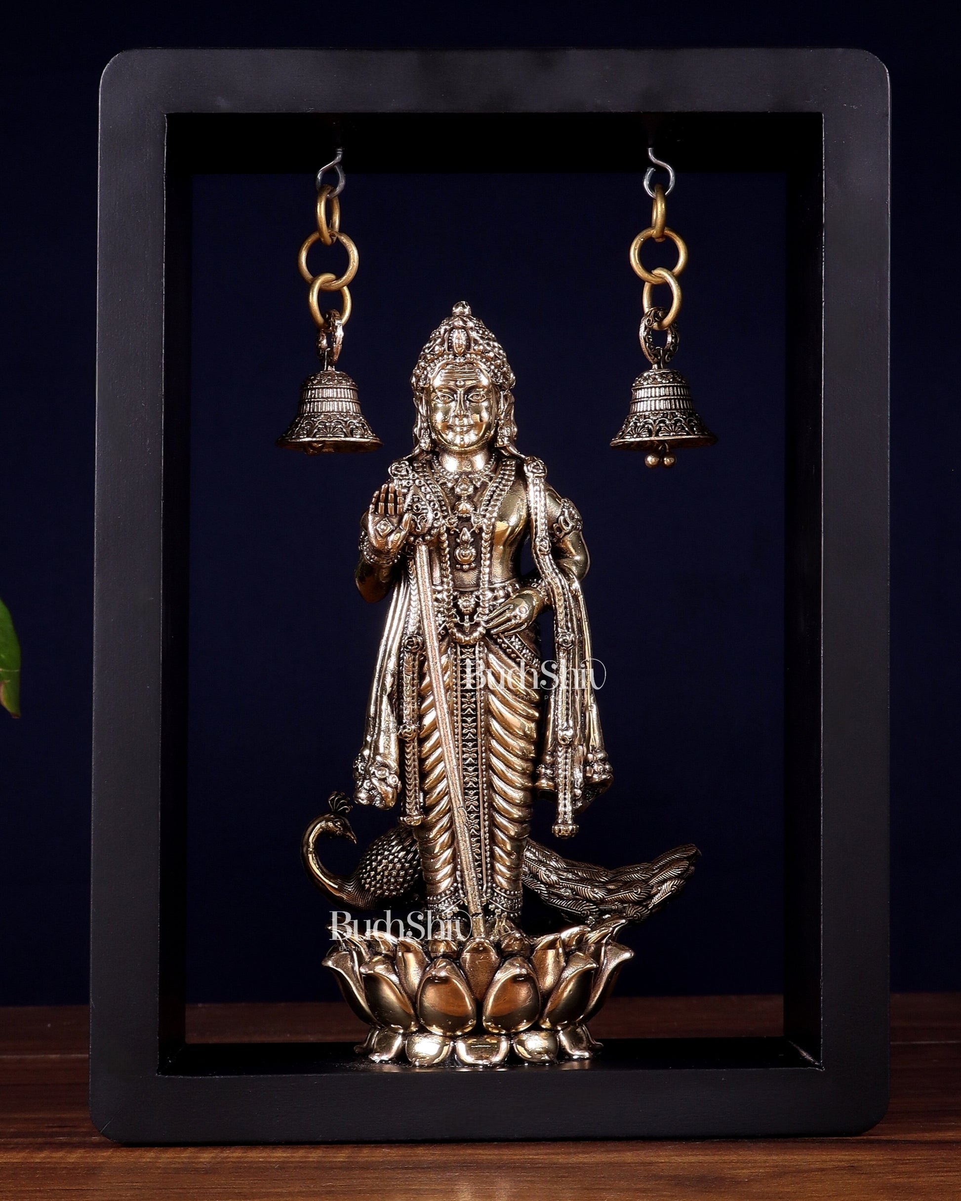 Superfine Brass Lord Murugan on Lotus with Hanging Bells – 11 Inch