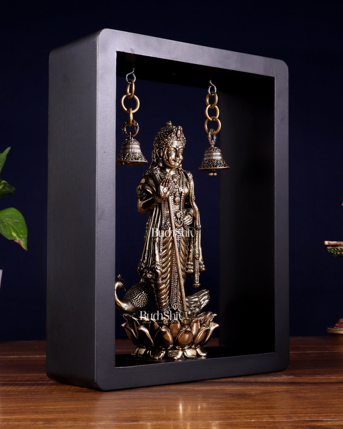 Superfine Brass Lord Murugan on Lotus with Hanging Bells – 11 Inch