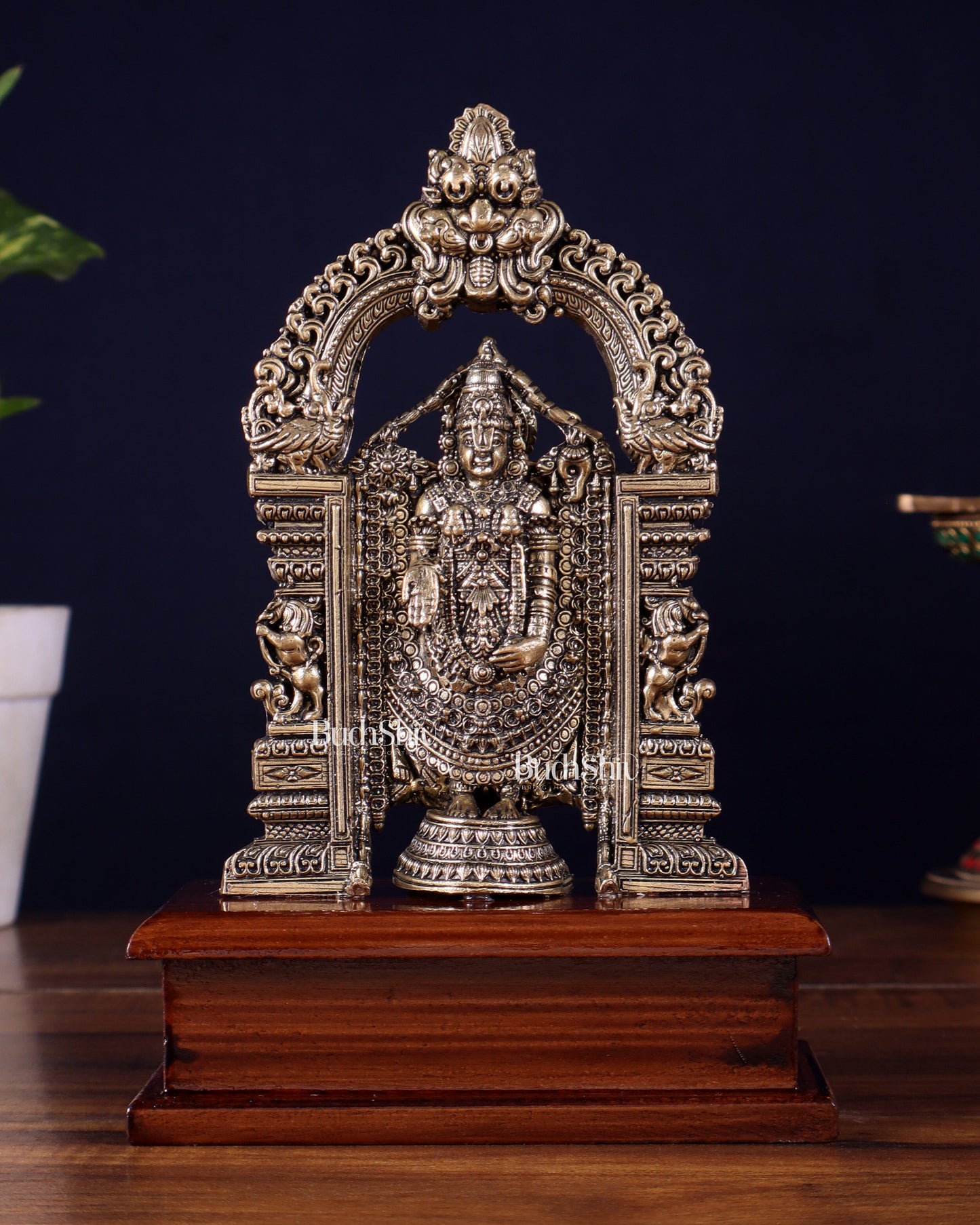 Superfine Brass Tirupati Balaji Idol on Wooden Base – 7.5 Inch
