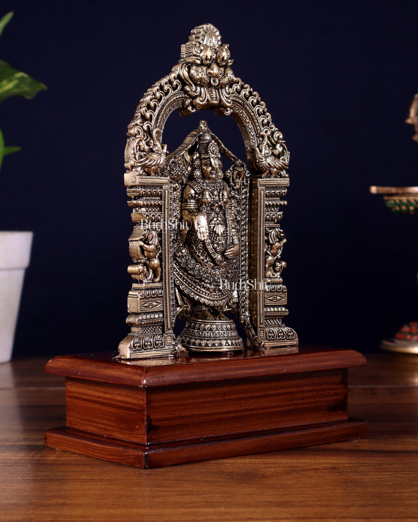 Superfine Brass Tirupati Balaji Idol on Wooden Base – 7.5 Inch