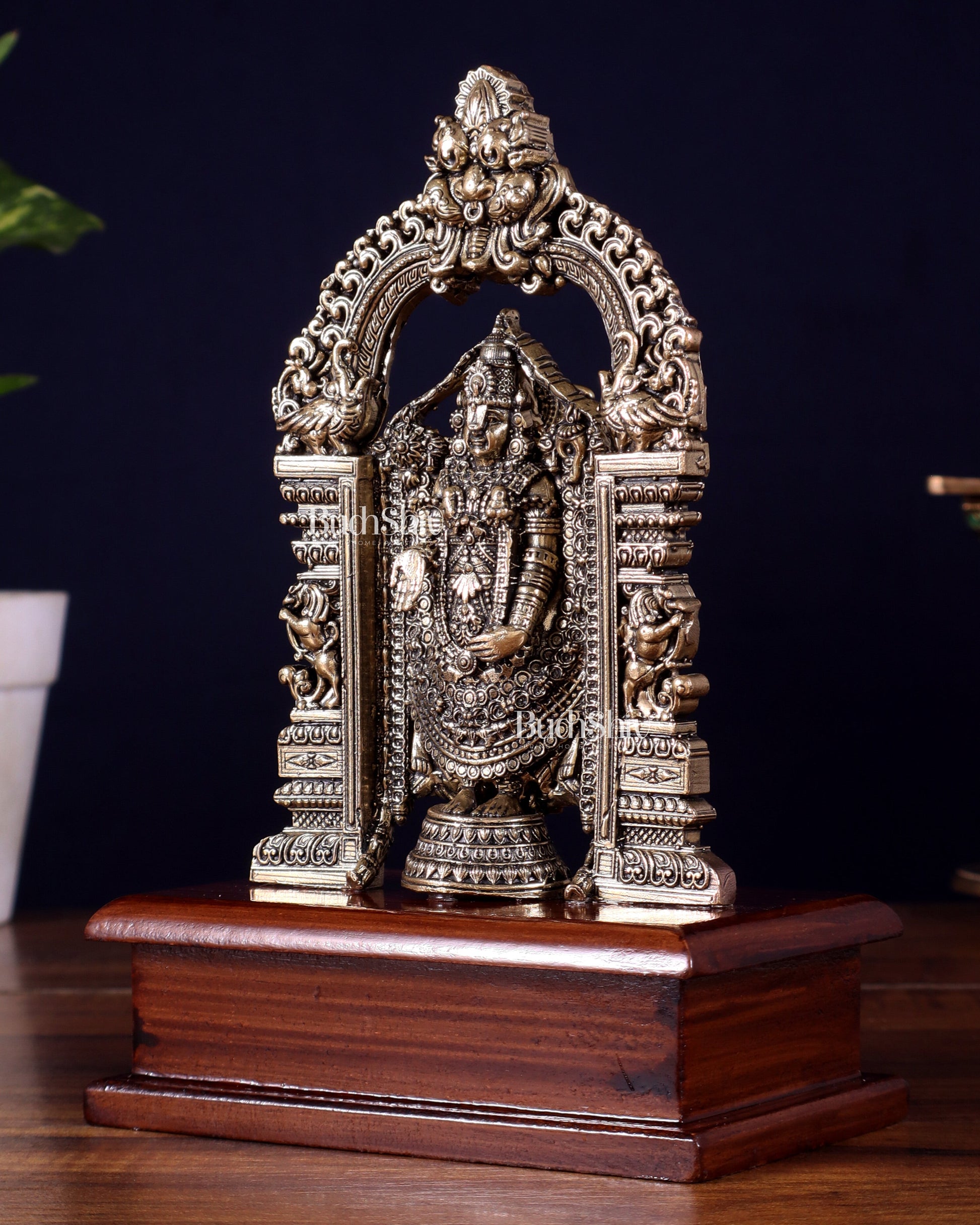 Superfine Brass Tirupati Balaji Idol on Wooden Base – 7.5 Inch
