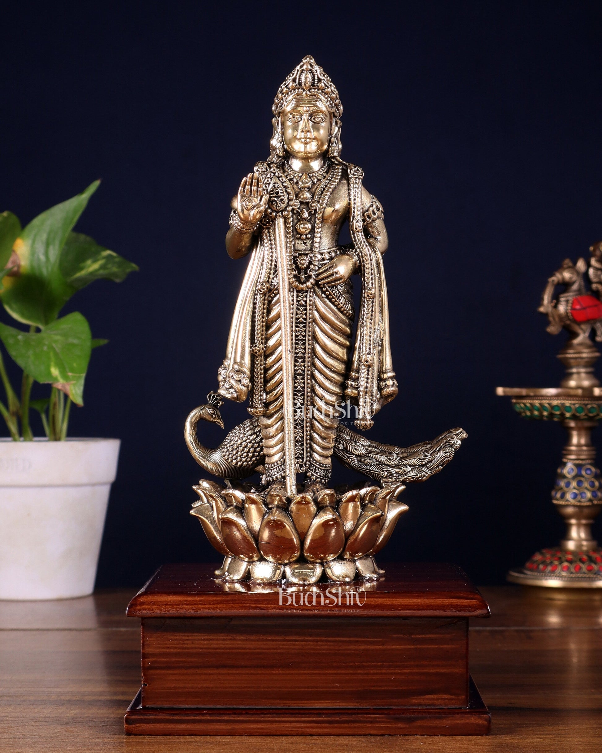 Brass Superfine Lord Murugan Idol on Wooden Base – 10 Inch
