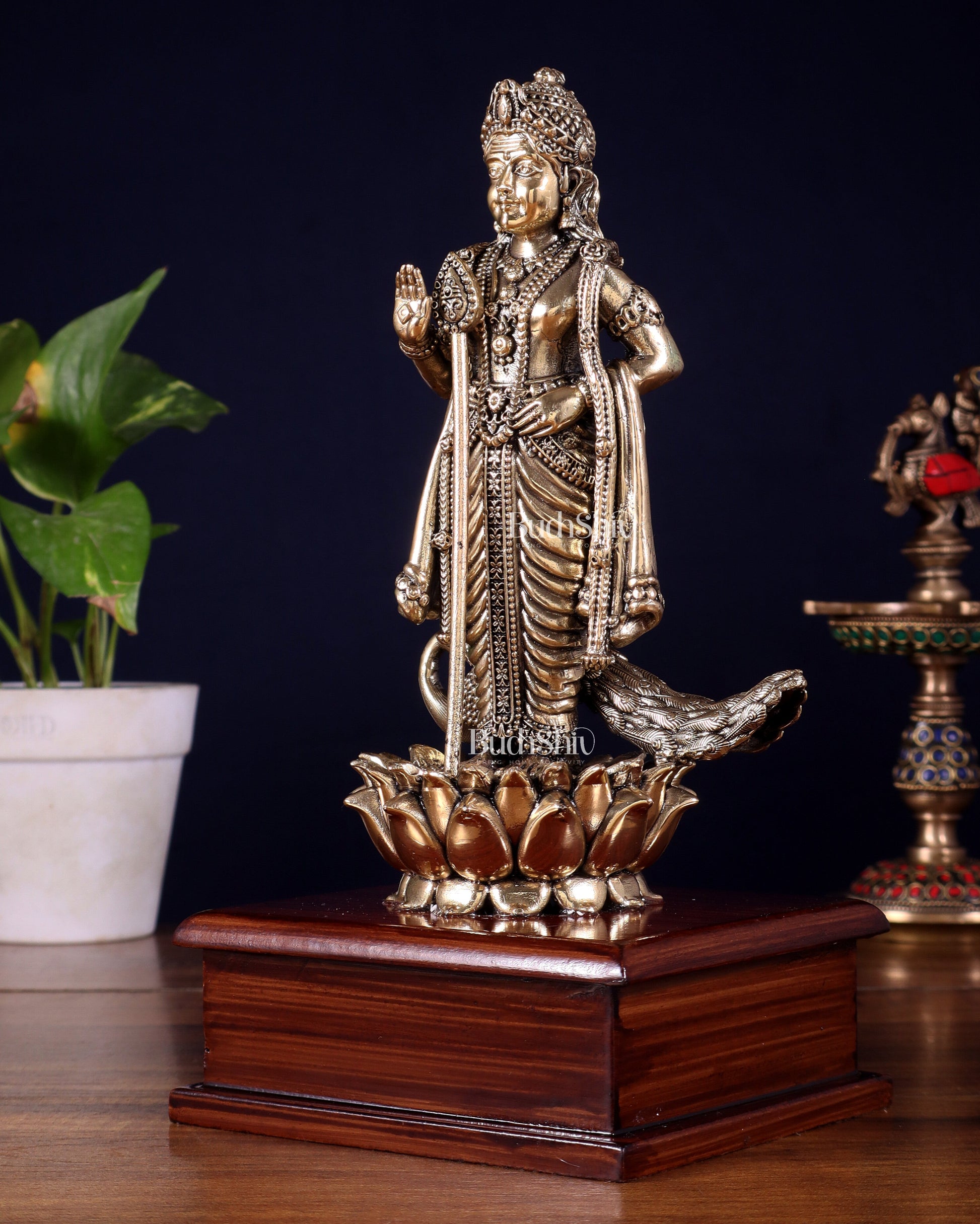 Brass Superfine Lord Murugan Idol on Wooden Base – 10 Inch