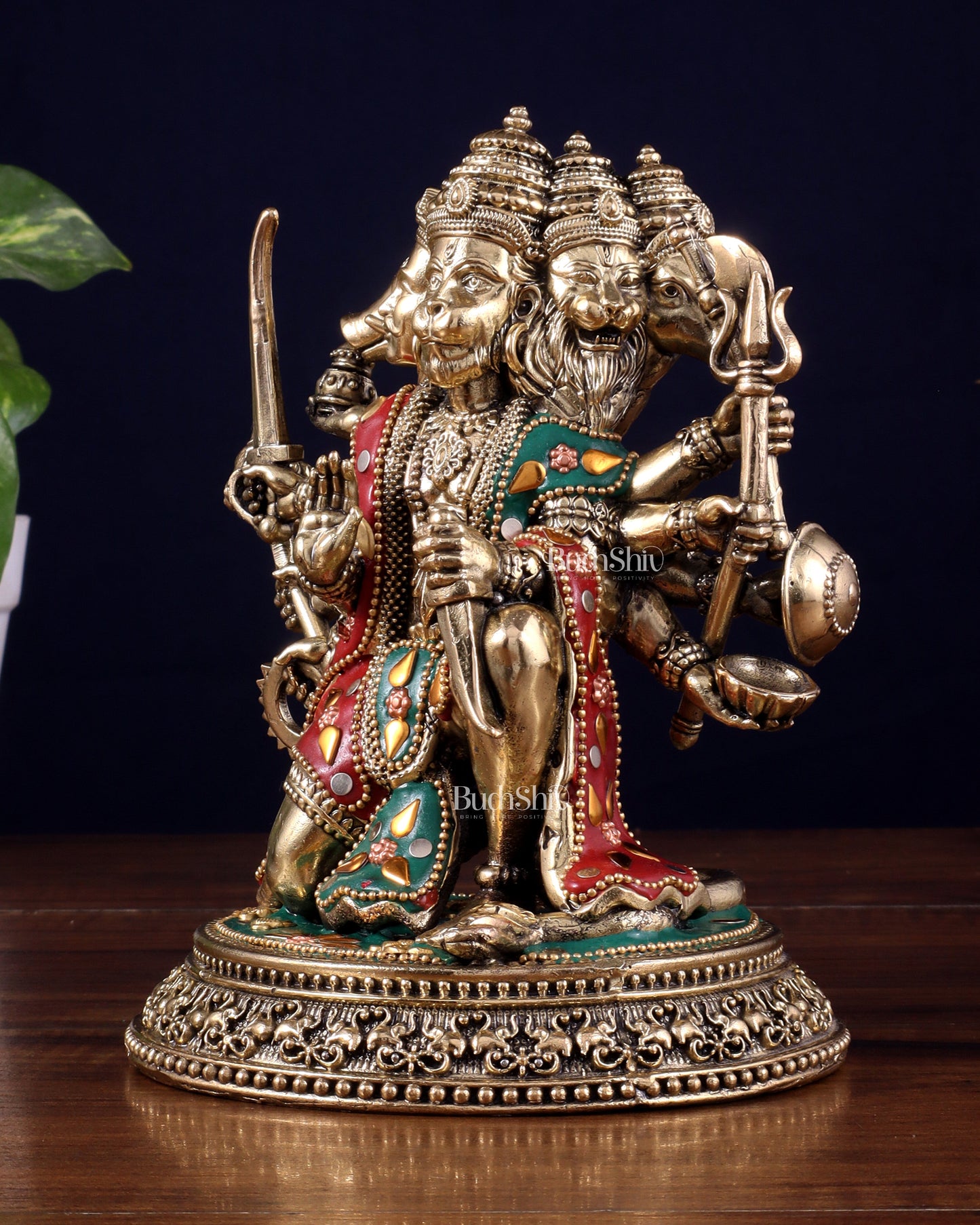 Intricate Superfine Brass Panchmukhi Hanuman Idol - 6" Tall meenakari