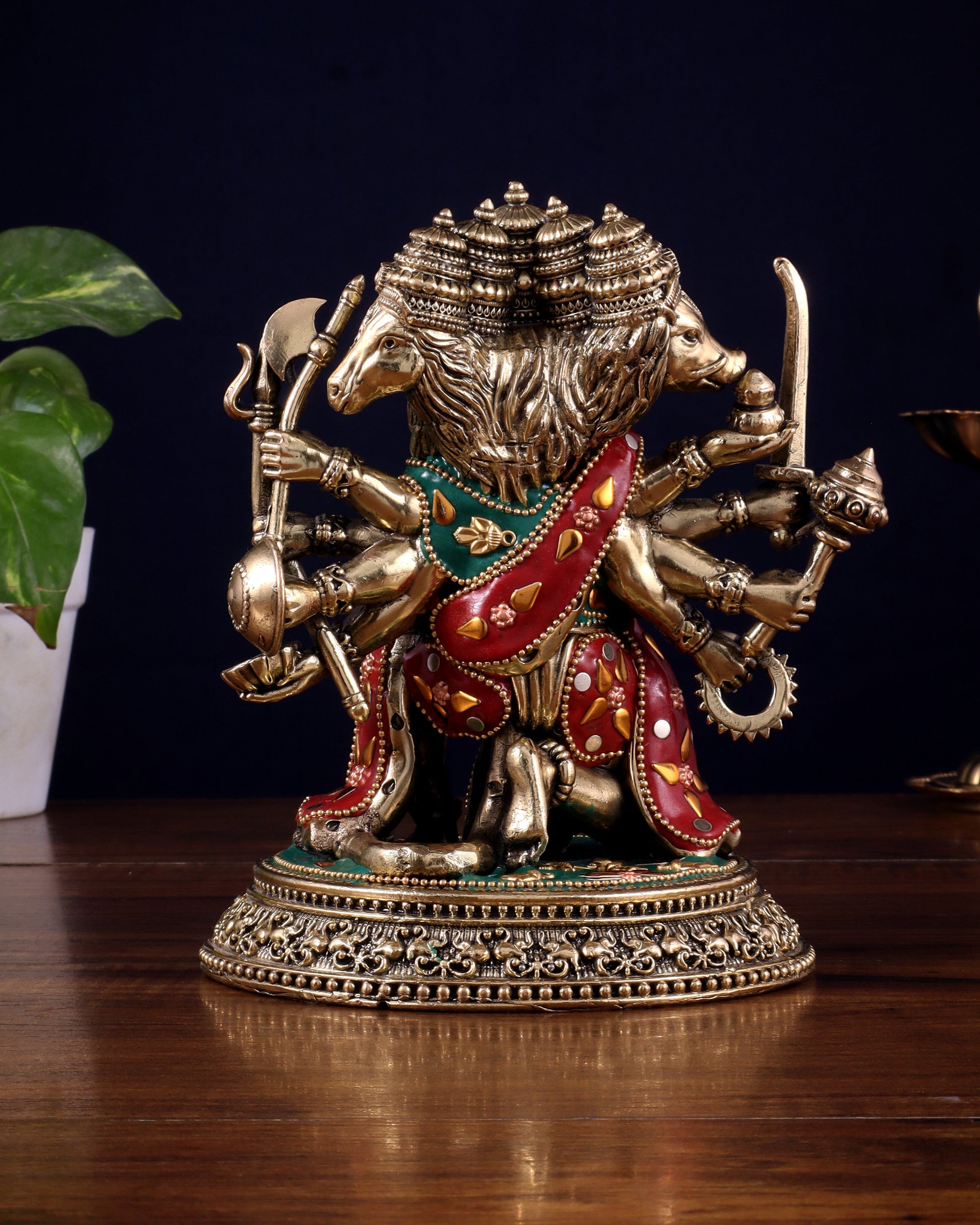 Intricate Superfine Brass Panchmukhi Hanuman Idol - 6" Tall meenakari