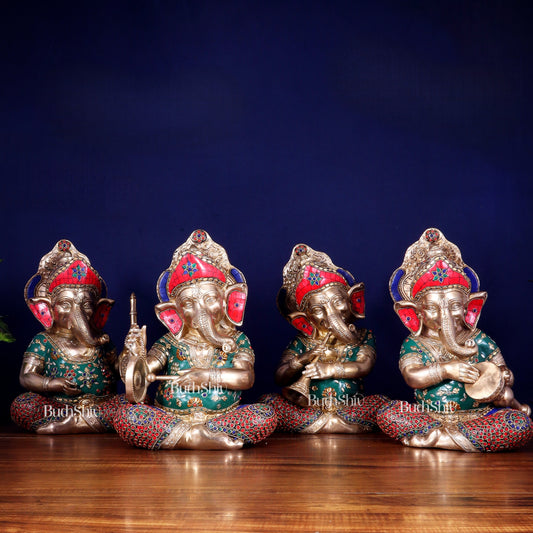 Pure Brass Ganesha Musical Set of Four 12.5 inch