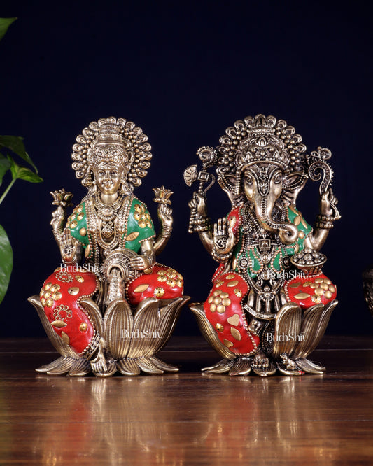 Brass Superfine Lord Ganesha & Goddess Lakshmi Pair – meenakari 6"