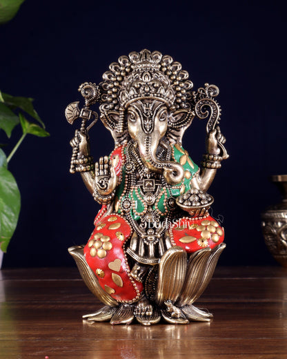 Pure Brass Superfine Lord Ganesha Idol | 6 inch with meenakari