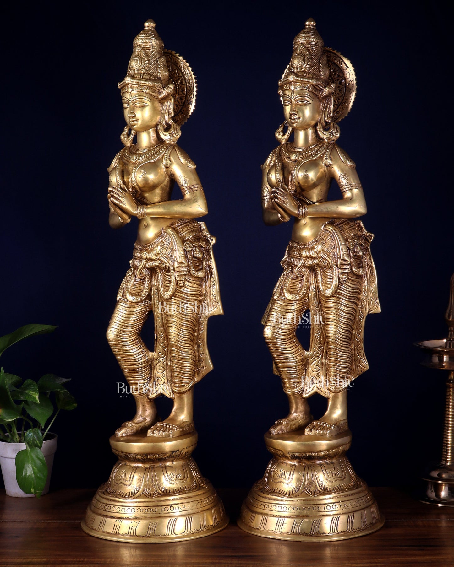Brass Pair of Namaste Lady – Traditional Welcome Statues 28.5 inch