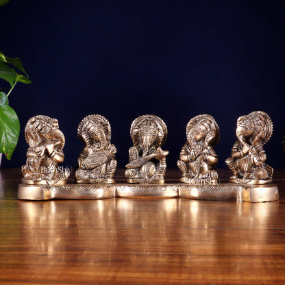 Pure Brass Set of Five Musical Ganesha – Showpiece & Gift for Loved Ones 4 inch