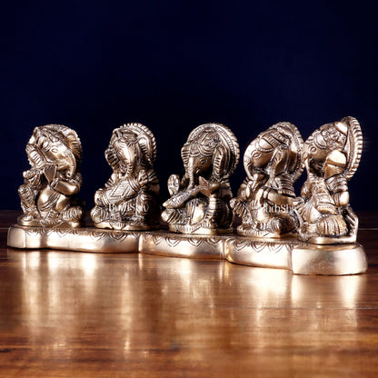Pure Brass Set of Five Musical Ganesha – Showpiece & Gift for Loved Ones 4 inch