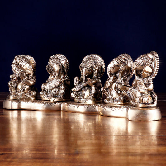 Pure Brass Set of Five Musical Ganesha – Showpiece & Gift for Loved Ones 4 inch