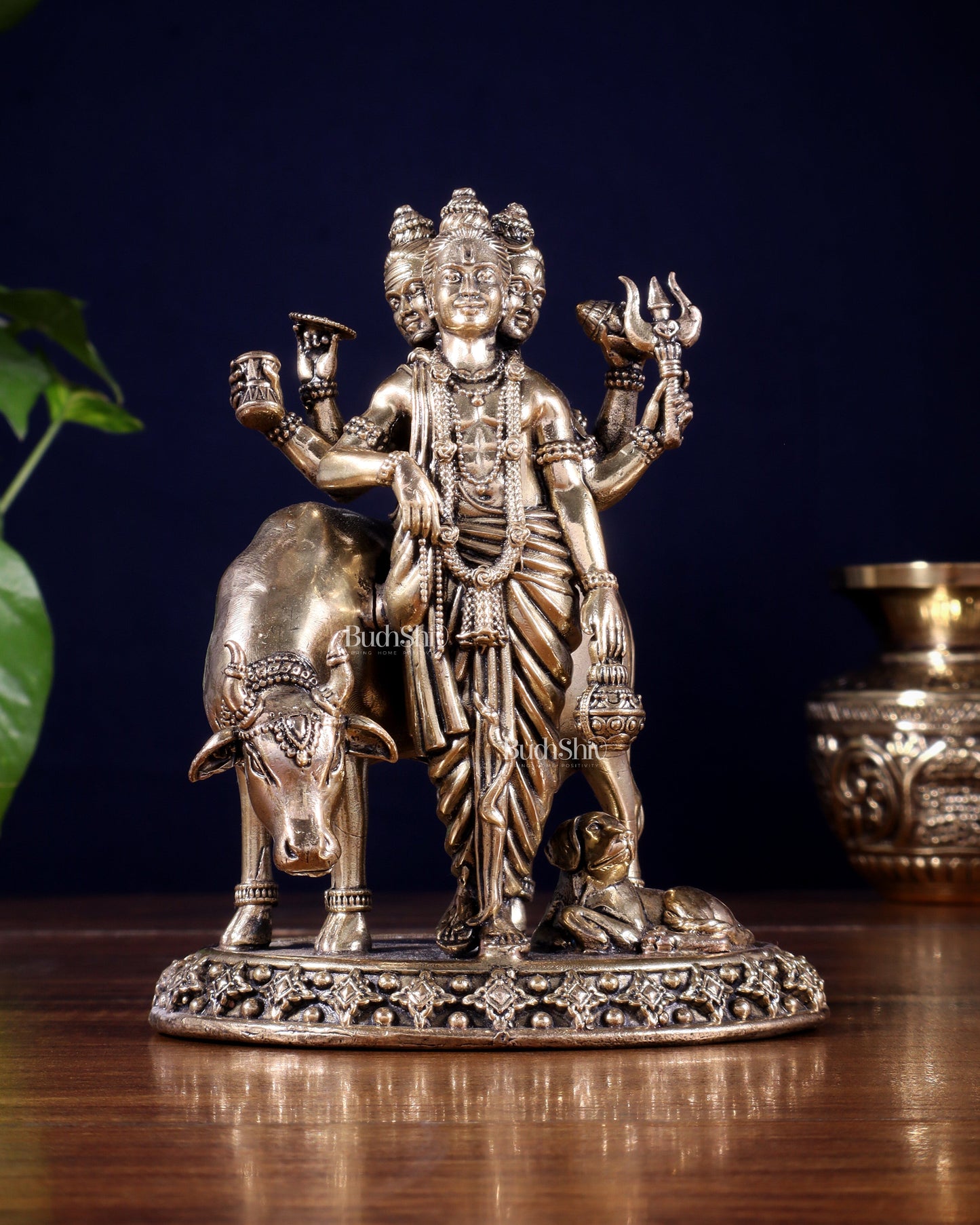 Pure Brass Superfine Dattatraya with cow and dog Idol - Lightweight Hollow Casting, 5.5"