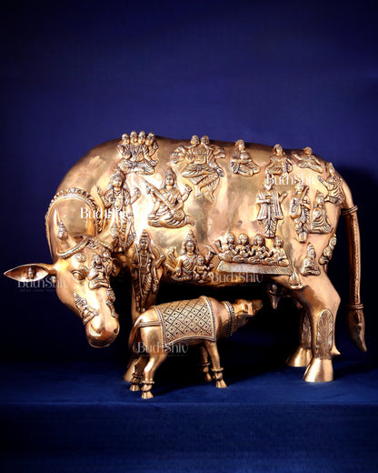 Majestic Large Pure Brass Kamadhenu Cow with Calf – Engraved with All Gods 40 inch