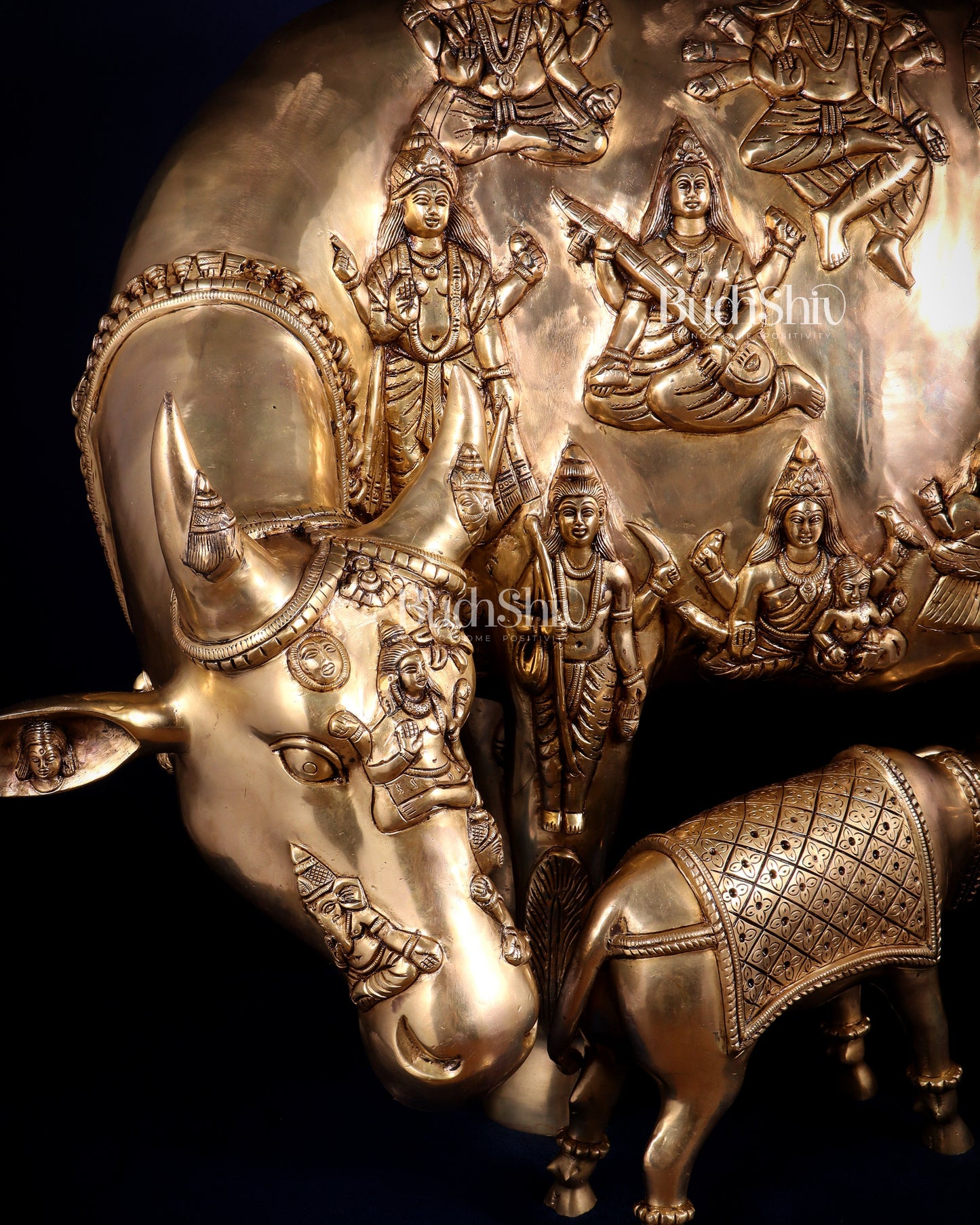Majestic Large Pure Brass Kamadhenu Cow with Calf – Engraved with All Gods 40 inch