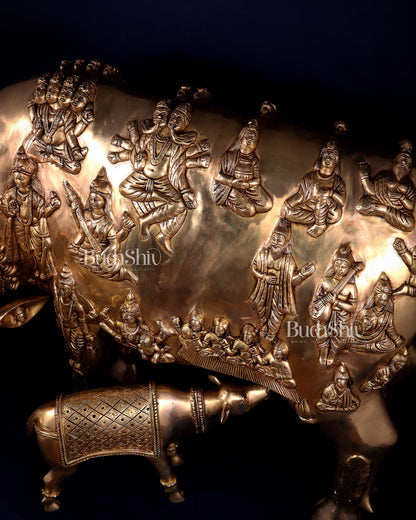 Majestic Large Pure Brass Kamadhenu Cow with Calf – Engraved with All Gods 40 inch