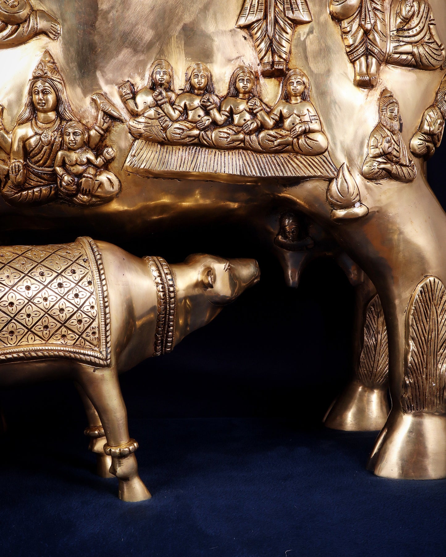 Majestic Large Pure Brass Kamadhenu Cow with Calf – Engraved with All Gods 40 inch