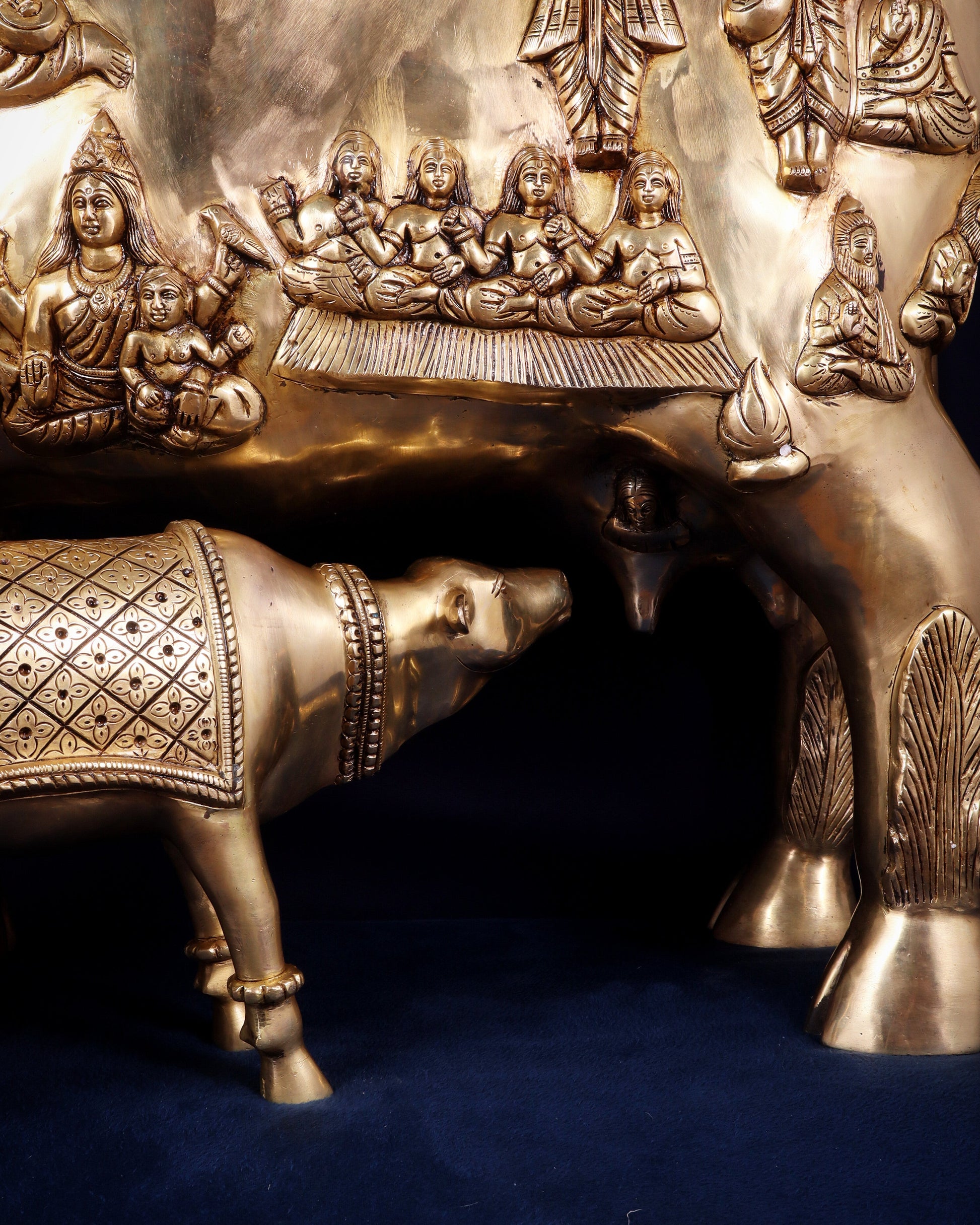 Majestic Large Pure Brass Kamadhenu Cow with Calf – Engraved with All Gods 40 inch