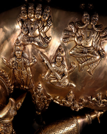 Majestic Large Pure Brass Kamadhenu Cow with Calf – Engraved with All Gods 40 inch