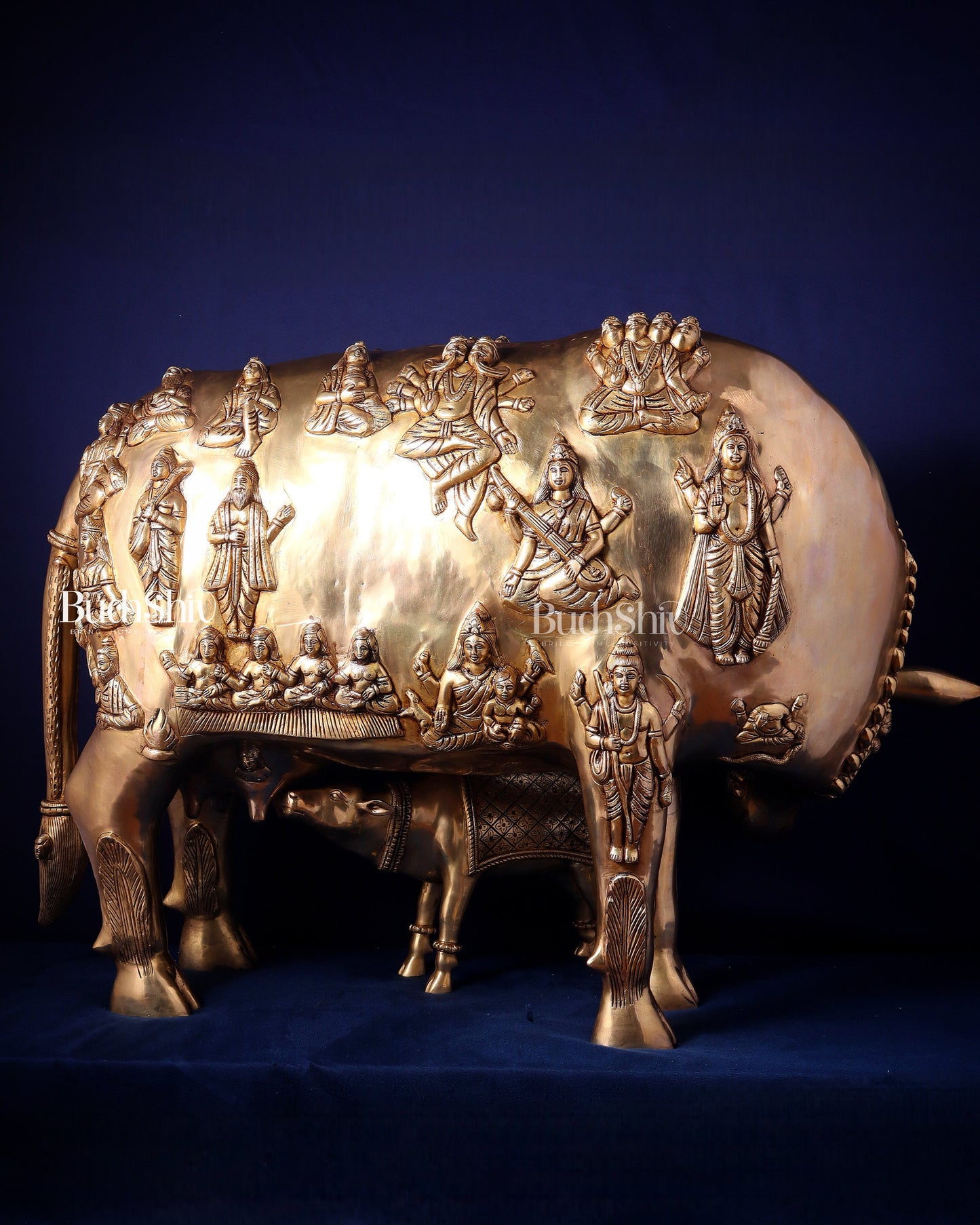 Majestic Large Pure Brass Kamadhenu Cow with Calf – Engraved with All Gods 40 inch
