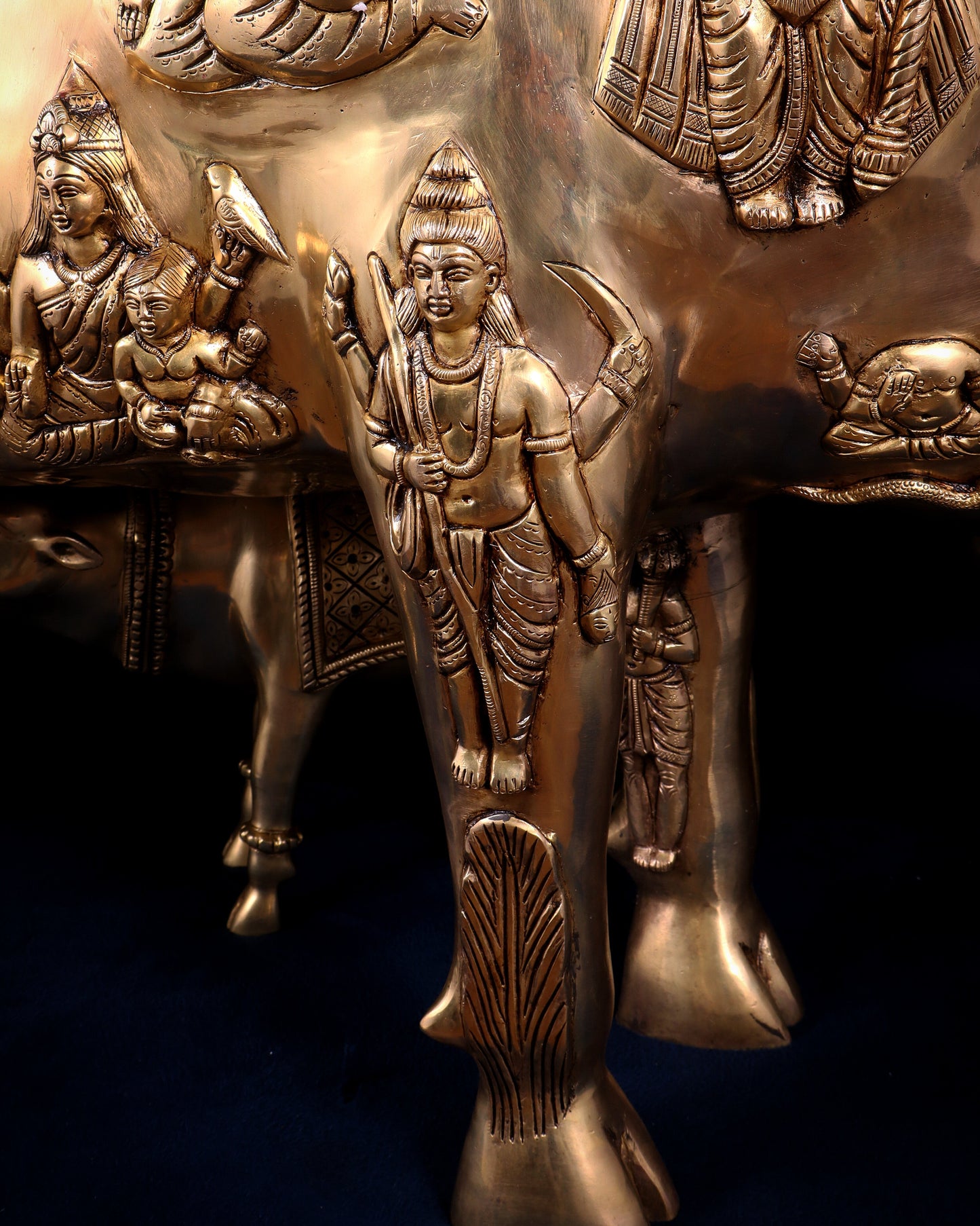 Majestic Large Pure Brass Kamadhenu Cow with Calf – Engraved with All Gods 40 inch