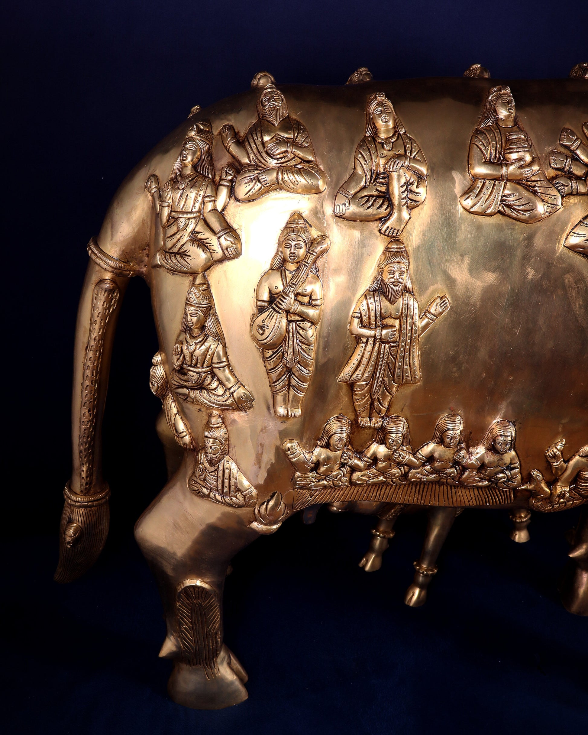Majestic Large Pure Brass Kamadhenu Cow with Calf – Engraved with All Gods 40 inch