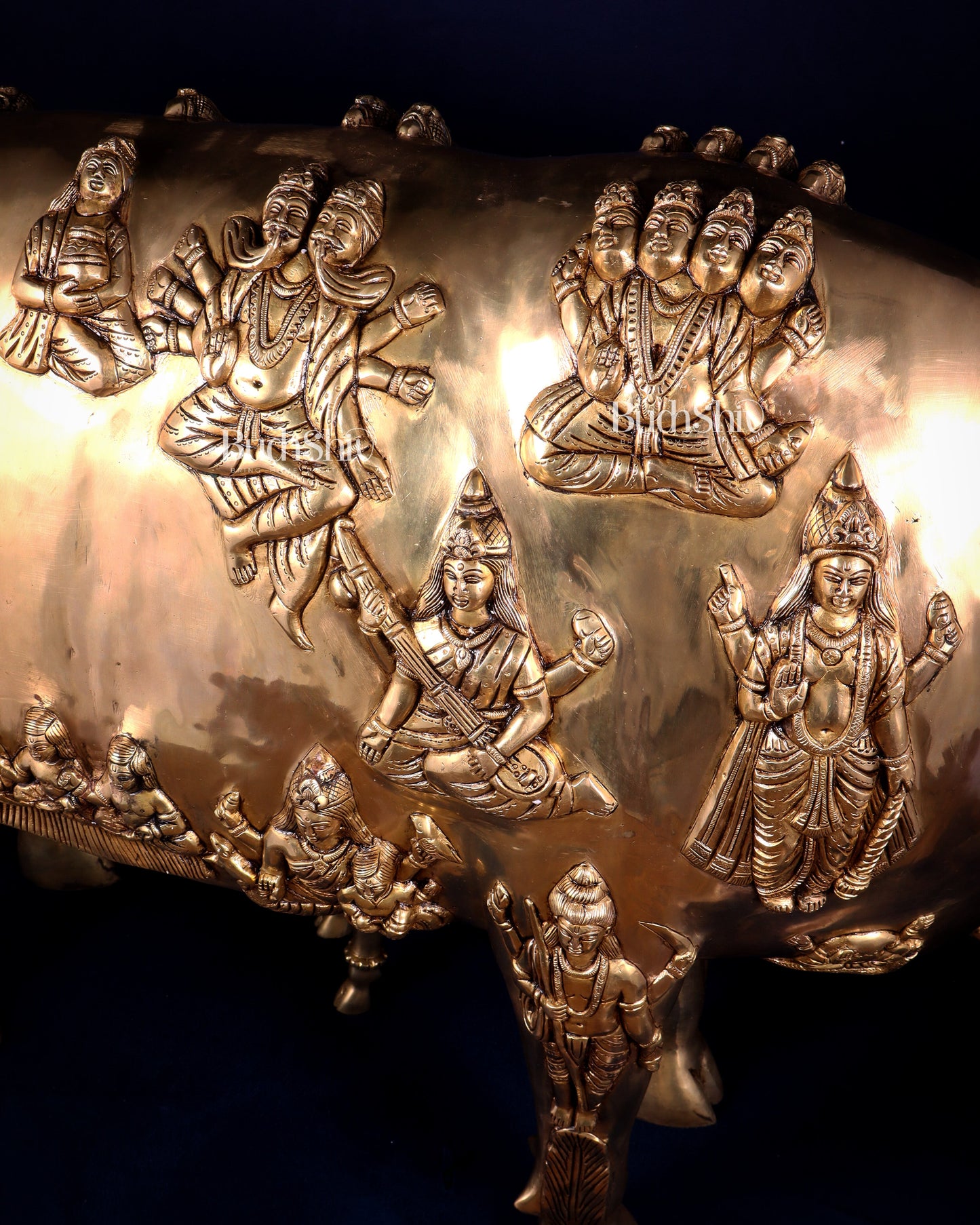 Majestic Large Pure Brass Kamadhenu Cow with Calf – Engraved with All Gods 40 inch