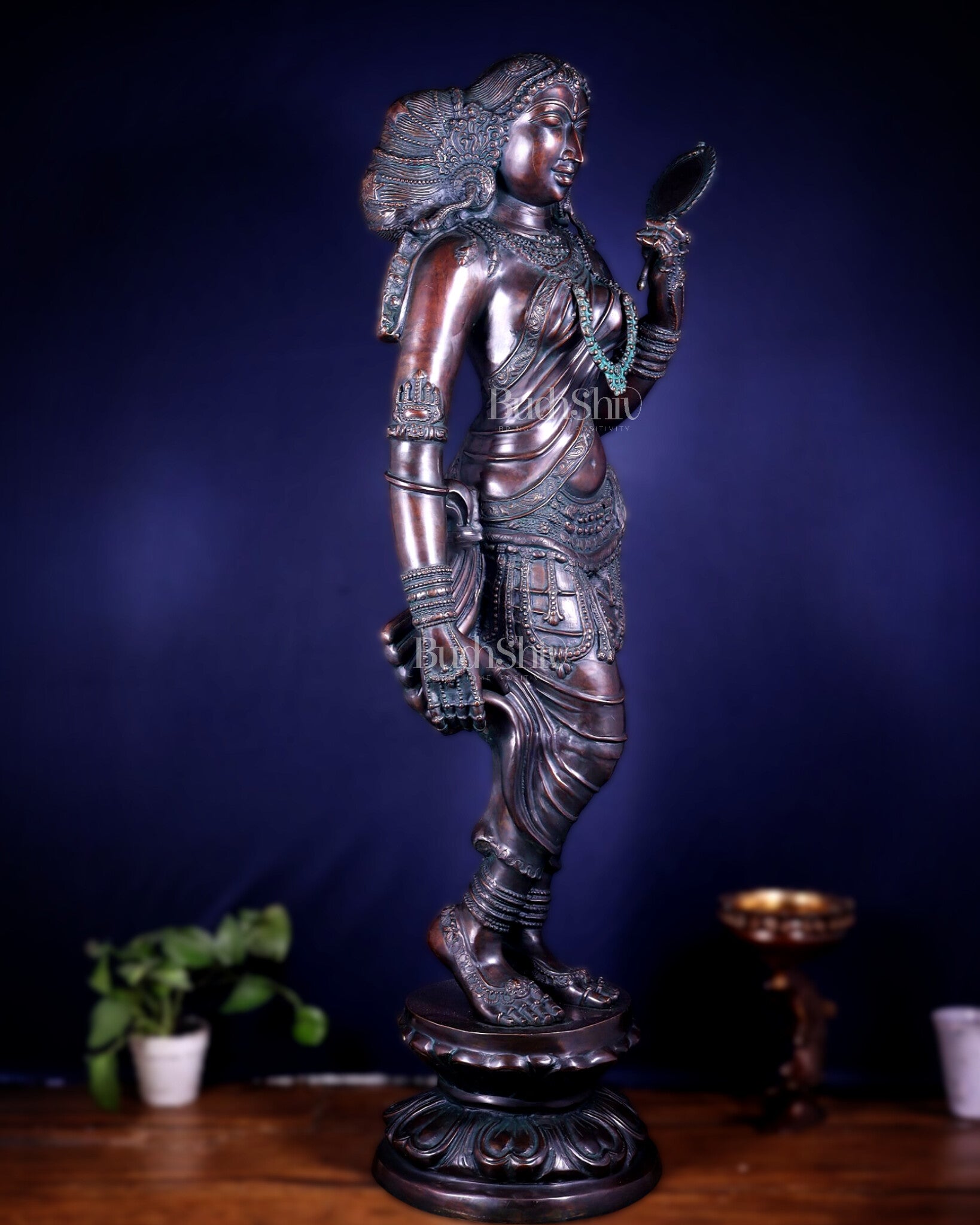 Chola Style Apsara Holding a Mirror – Large Vintage Finish Sculpture 50 inch