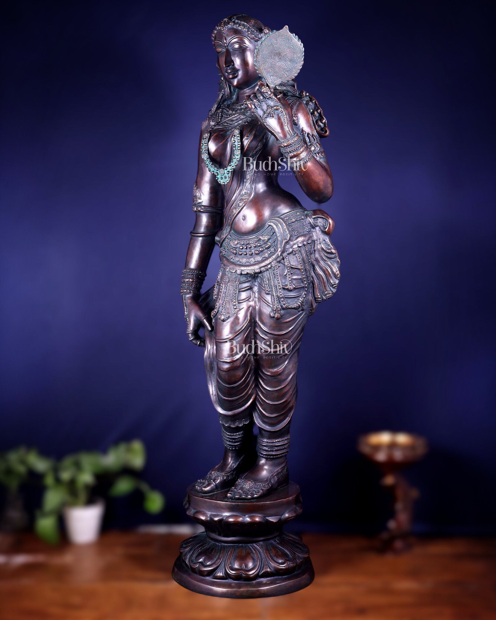 Chola Style Apsara Holding a Mirror – Large Vintage Finish Sculpture 50 inch